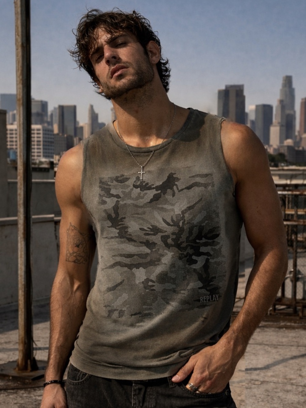 Replay Sleeveless Tank Faded Olive Grey Camo Print Size Small